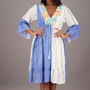 Advance Apparels Blue and White Floral-Trim Midi Dress